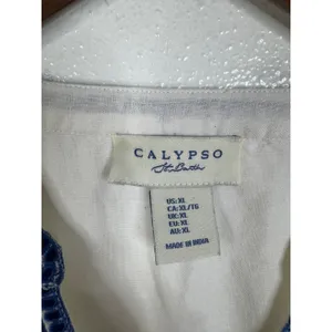 Calypso St Barth Blue Floral Embroidered Linen Blend V-Neck Blouse XL White thumbnail 5