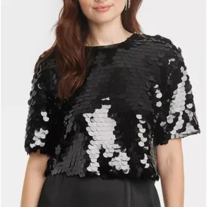 A New Day Women's Black Sequin Paillettes Short Sleeve Blouse Top, Size S, EUC thumbnail 1