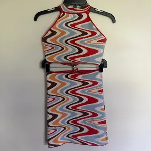 Princess Polly Retro Wavy‎ Knit Halter Cutout Mini Dress XS/S Red Blue Multi thumbnail 13