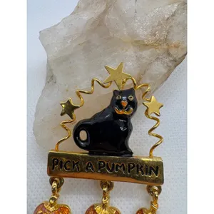 Vintage Halloween Brooch Gold Tone Black Cat Pick A Pumpkin Dangle Pin Enamel thumbnail 2