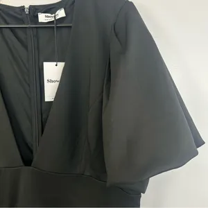 NWT Showpo. Margerie Plunge Puff Sleeve Fit & Flare Black Mini Dress Size 16 thumbnail 6