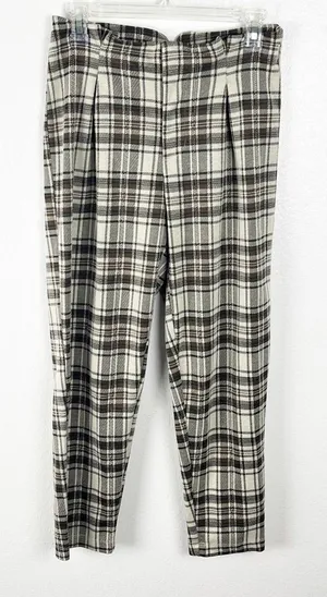 FREE PEOPLE Brown Cream Plaid High Rise Trouser Pants XS Boho Preppy Casual thumbnail 1