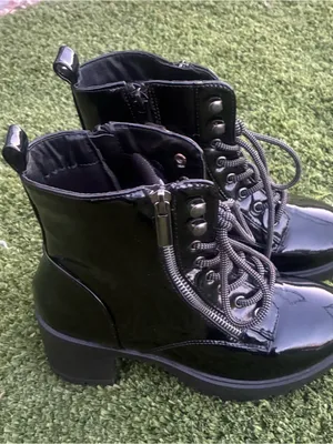 Women's Black‎ Patent Lace-Up Ankle Boots with Side Zip thumbnail 2