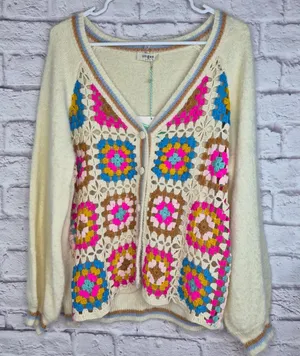 Umgee Crochet Granny Square Cardigan Sweater L XL Boho Knit Button Front Cream thumbnail 1