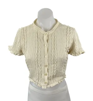Zara Women's Cream Cable Knit Short Sleeve Button Down Sweater Crop Top Size M thumbnail 1