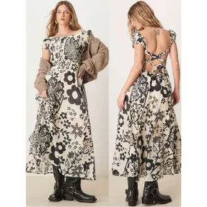 Free People Bohemian Ultraviolet Midi Maxi Dress Black White Floral Size XL thumbnail 4