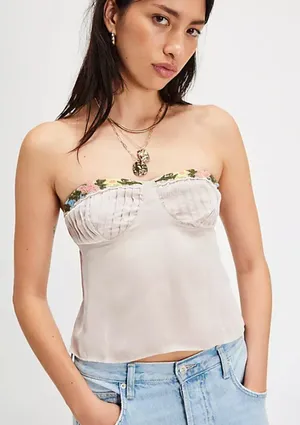 Free People Ember Glow Floral Embroidered Chiffon Tube Top Size S thumbnail 1
