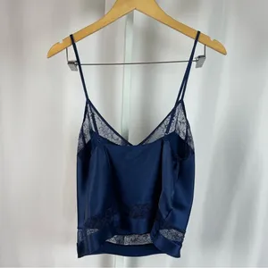 Victoria's Secret Medium Satin Lace V Neck Navy Blue Crop Tank Top Lingerie thumbnail 2