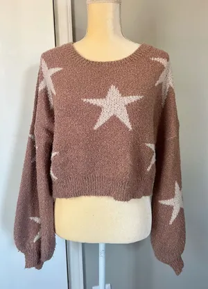 Altar’d State Woman’s Rose Pink White Star Super Soft & Cozy Cropped Sweater S thumbnail 1