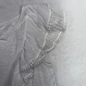 Sézane S Top Ruffle Swiss Dot Pom Pom Lace Slub Organic Cotton White Feminine thumbnail 3