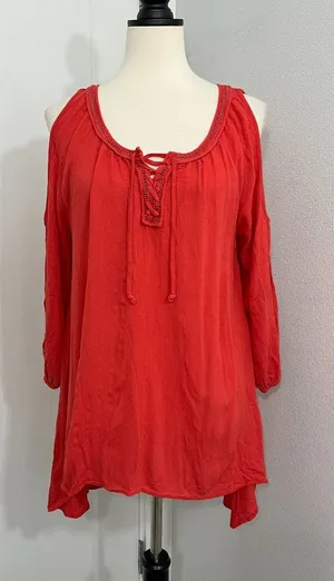 L*Space Large Red Cold Shoulder Lace-Up Tunic Dress / Cover-Up thumbnail 1