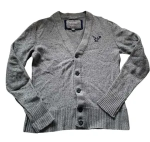 American Eagle Cardigan Sweater Unisex Small Gray Wool Blend Elbow Patch Preppy thumbnail 1