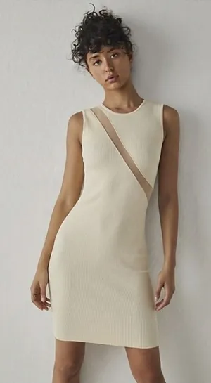 Intimately Free People Dress Womens XS/S Ivory Ribbed Mesh Bodycon Mini‎ FT1202 thumbnail 1