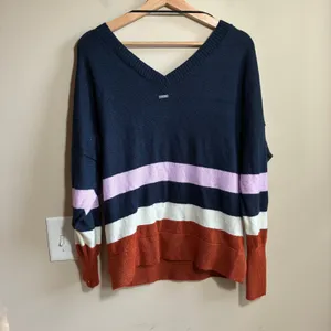 prAna Striped V-Neck Colorblock Sweater Medium Navy Rust Womens Relaxed Knit thumbnail 7
