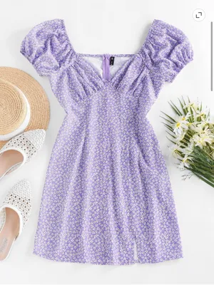 Zaful Women’s Sz 6 Mini Dress Puff Sleeve Light Purple Ditsy Floral White Yellow thumbnail 2