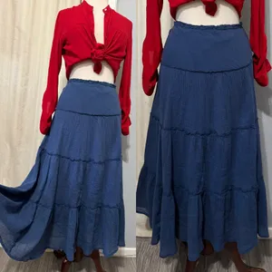 Chaps Maxy SKirt L‎ Navy Blue Crinkle Gauze Tiered Large Boho 100% Cotton Flowy thumbnail 2
