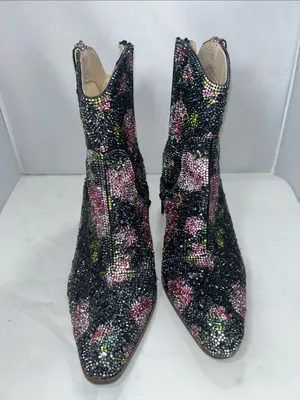 Betsey Johnson Diva Black Crystal Floral Ankle Cowboy Boots Size 6M thumbnail 6