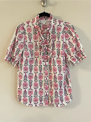 J. Crew Floral Hand Block Print Ruffle Placket Blouse Size S thumbnail 2