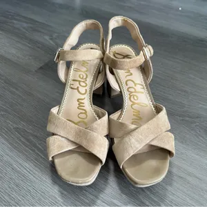 Sam Edelman Leather Suede Beige Cream Strappy Slingback Block‎ Heels Size 9 thumbnail 2