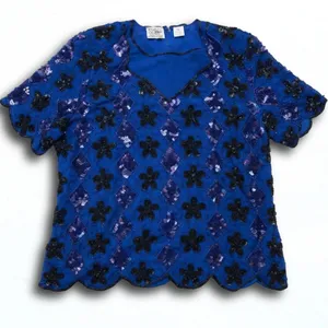 Vintage Stenay Plus Royal Blue Silk Beaded Sequin Floral Evening Blouse Plus XL thumbnail 1