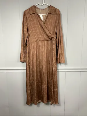 NWT Mango MNG Brown Satin Shirt Wrap Midi Dress 10 Flowy Flared Sleeve Party thumbnail 5