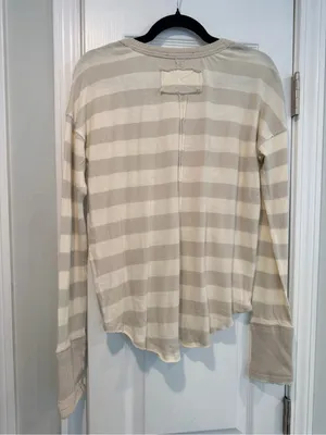 NWOT Free People We The Free Size S Tan Cream Striped Thermal Knit V Neck Top thumbnail 7