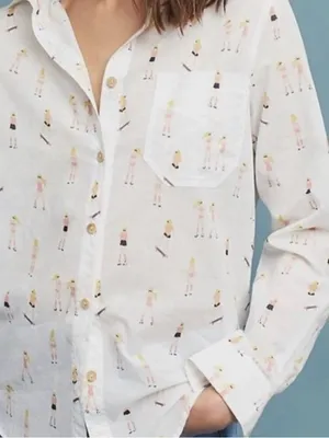 Anthropologie Acote’ Skater Rollerskating Kitschy Beach Novelty Resortwear Cotton Blouse L thumbnail 2