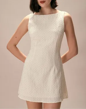 Rihoas Beige Boat Neck Textured Mini Dress thumbnail 1