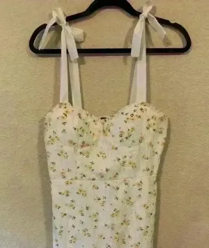 White with yellow floral mini dress, sweetheart, boho, festival, cottagecore thumbnail 1