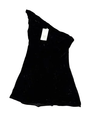 NWT Zara Black Velvet‎ One Shoulder Mini Dress Asymmetrical SZ Small Formal Chic thumbnail 1