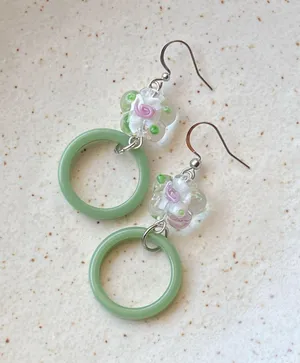 Handmade flower glass beads & green circle hoop unique fairy cottage retro style dangle earrings 🌼💚 thumbnail 6