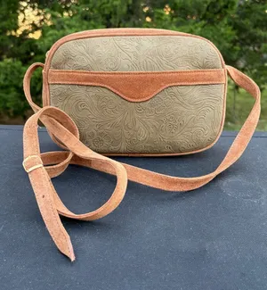 Vintage Made in Italy Embossed Tooled Leather Suede Crossbody Bag Brown Boho thumbnail 1