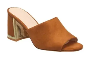 Halston Vegan suede dress sandal gold detail cognac color thumbnail 1