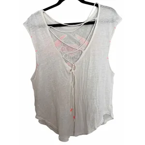 Free People Love Birds Tee Embroidered Lace-Back Muscle White Women's Size S/M thumbnail 2