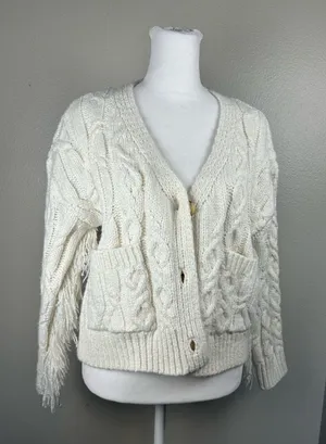 Altar'd State Cream Cable-Knit Frindge Boho Cardigan size XS thumbnail 1