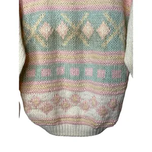 Exclusive Imports Sweater Medium Pastel Pink Blue Fair Isle Hand Knitted Vintage thumbnail 3