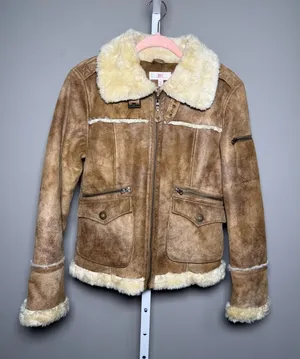 JLO Faux Suede Penny Lane Shearling Jacket‎ Brown M 70's Boho Almost Famous thumbnail 1