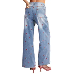 NWT EASEL l Strawberry Fields Embroidered Lightwash Wide Leg Jeans thumbnail 2