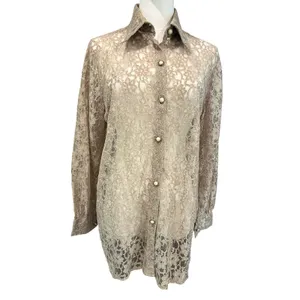 Floral Lace Blouse Button Down See Through Beige Long Sleeve Romantic Boho Chic thumbnail 2
