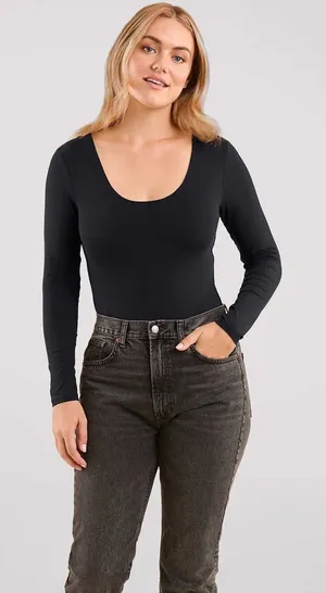 Nuuds black scoop neck long sleeve bodysuit‎ thong women's size medium fitted thumbnail 1