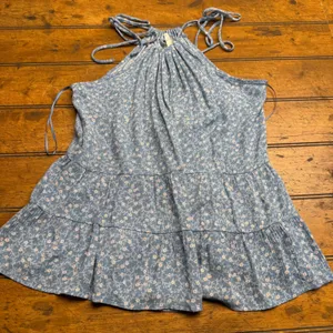 Lazy Sundays Blue Floral Tiered‎ Halter Tank Top Size L Made in USA thumbnail 1