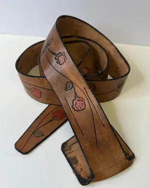 Vintage Hand Tooled Leather Rose Floral Belt Tan Brown Boho Western 44 Inch thumbnail 1