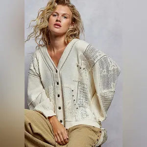 POL Lg Cream Patchwork V-Neck Button Front Cardigan thumbnail 2
