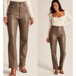 Abercrombie & Fitch 90’s ultra high rise straight taupe faux leather pant 25 thumbnail 13