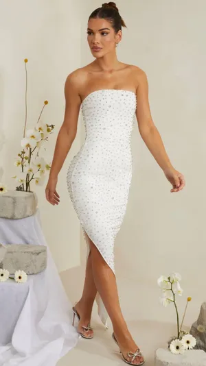 Oh Polly VIVICA Hand Embellished Asymmetric Midi Dress in White Bridal Dress thumbnail 4