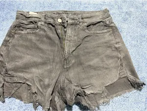 American Eagle Black Distressed Denim Shorts with Frayed Hem thumbnail 1
