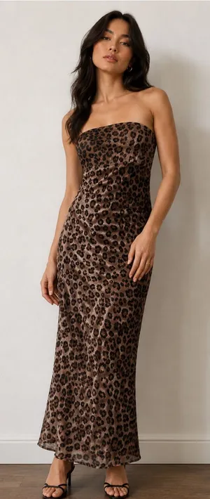 SHEIN Brown Leopard Print Strapless Maxi Dress thumbnail 1