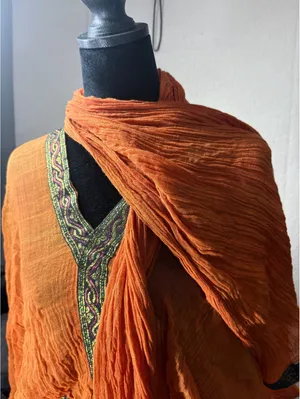 Boho Peasant Tunic Dress Burnt Orange Embroidered Gauze V-Neck Small/Medium thumbnail 5