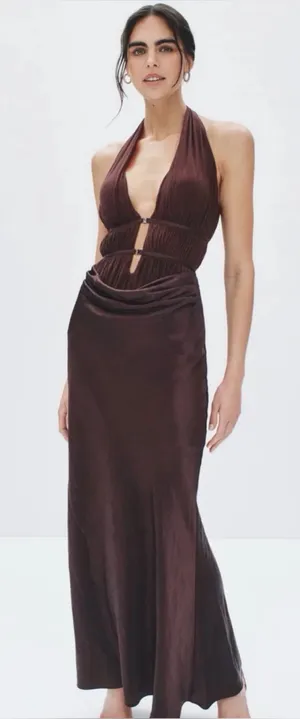 Misha Halter Cutout Satin Maxi Dress in Deep Brown thumbnail 1