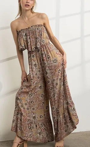 ILLA ILLA Rust and Cream Floral Smocked Jumpsuit Size Small thumbnail 1